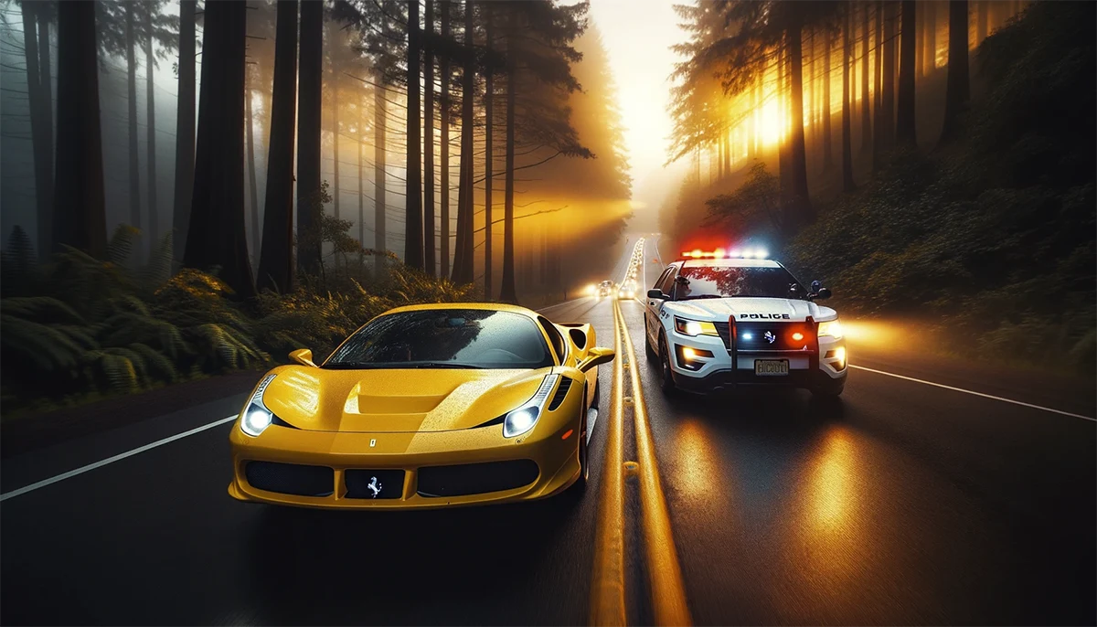 A yellow Ferarri racing through the woods being escorted by a police SUV