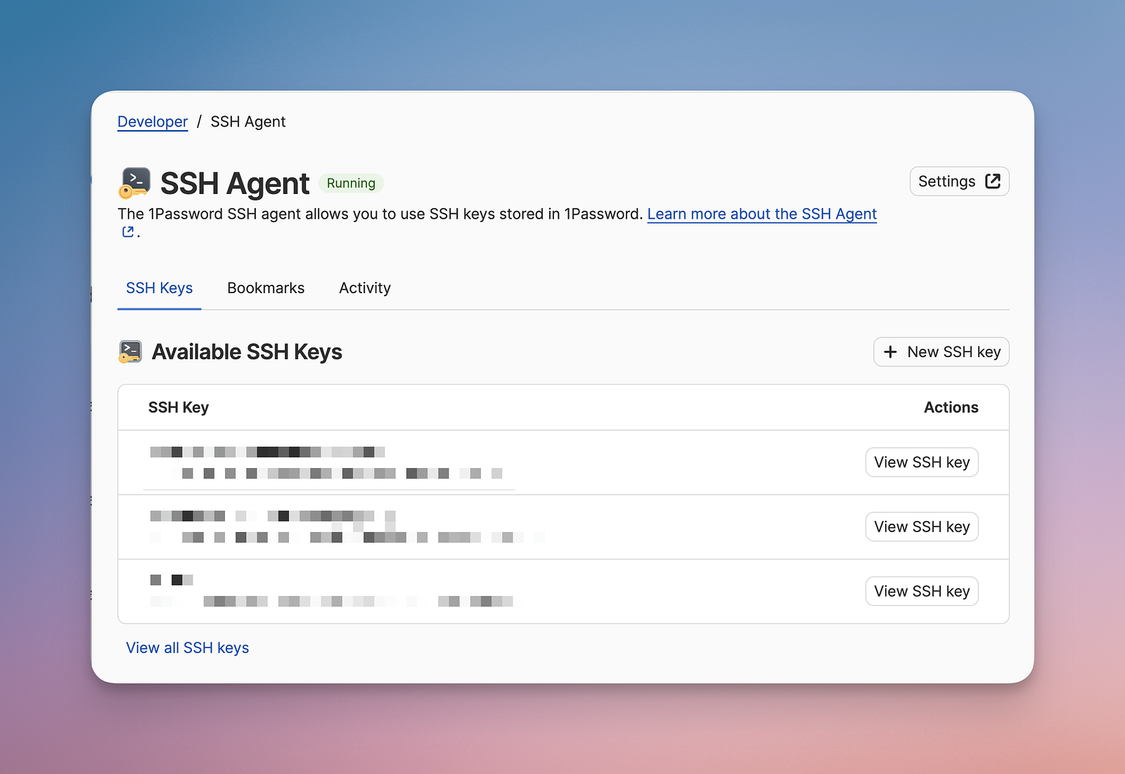 A screenshot of SSH key management in 1Password.