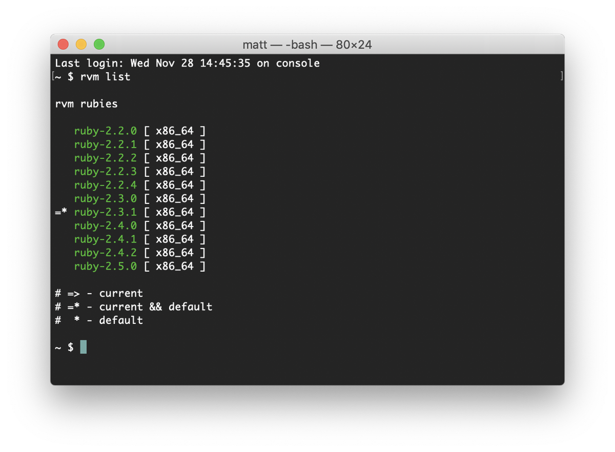 Terminal window show Ruby versions