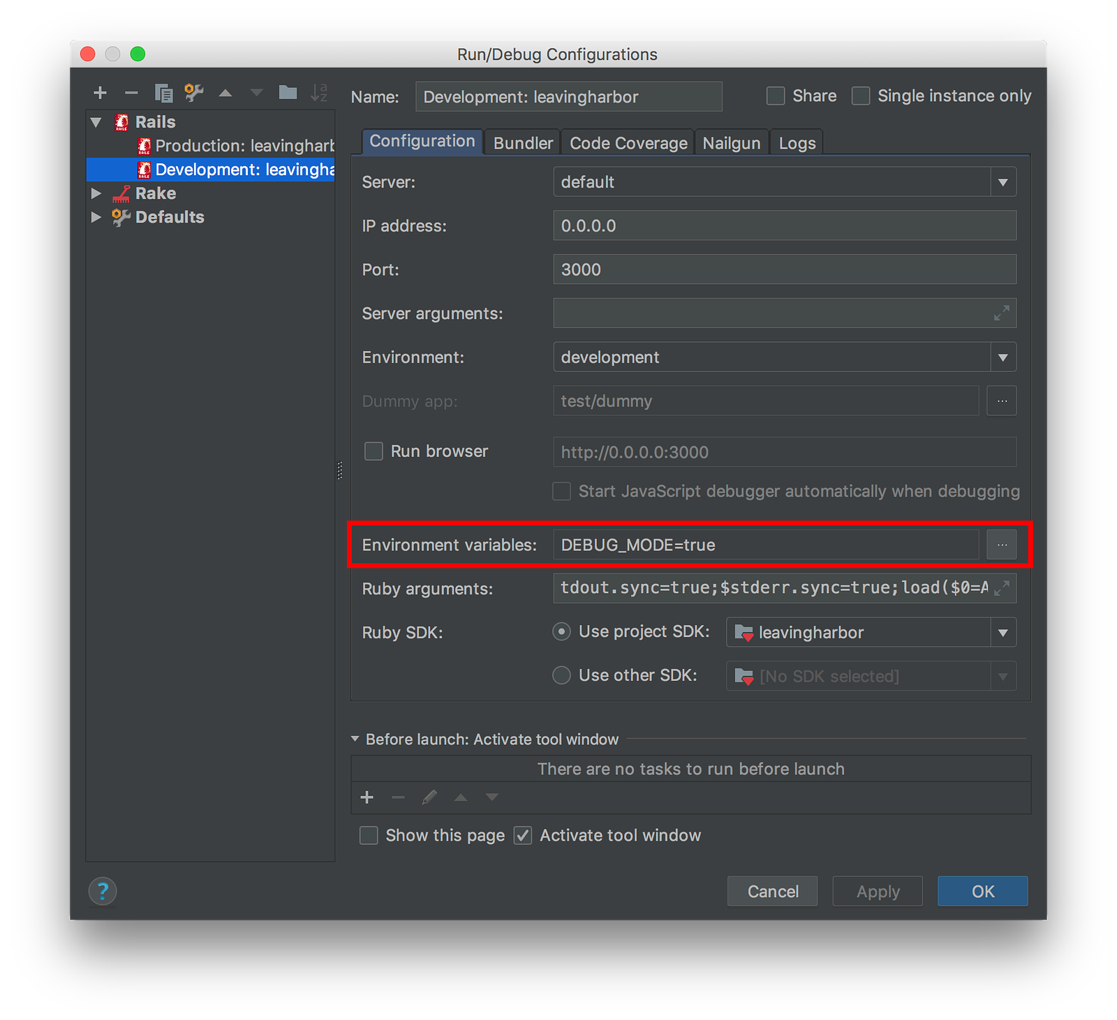 RubyMine Configuration Settings