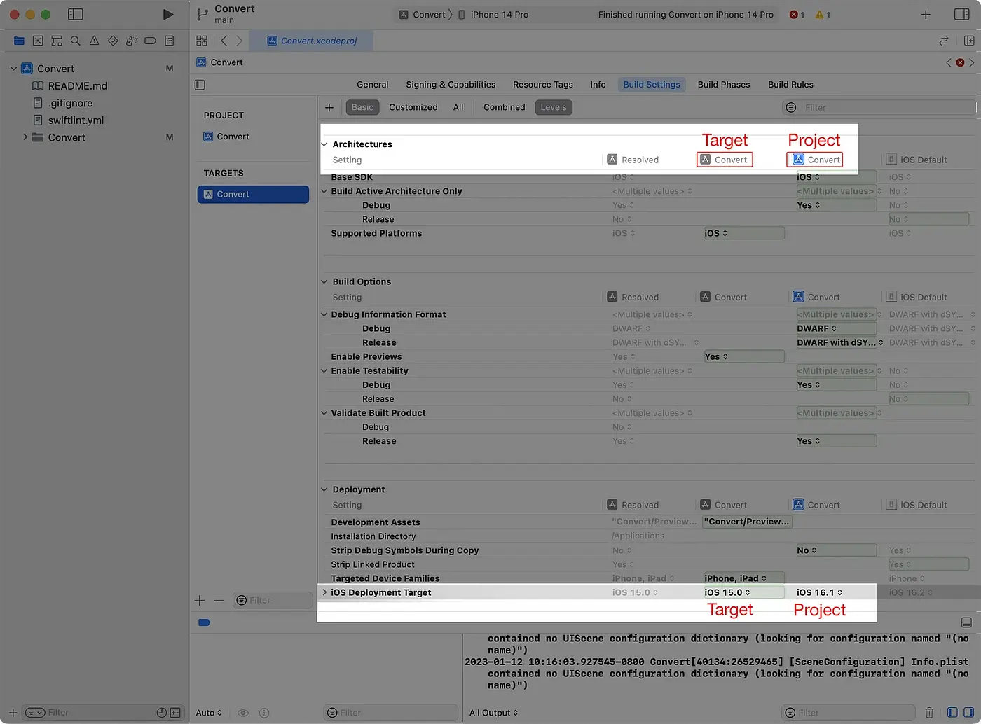 Screenshot of Xcode's project settings showing both the target and project iOS Deployment Targets.
