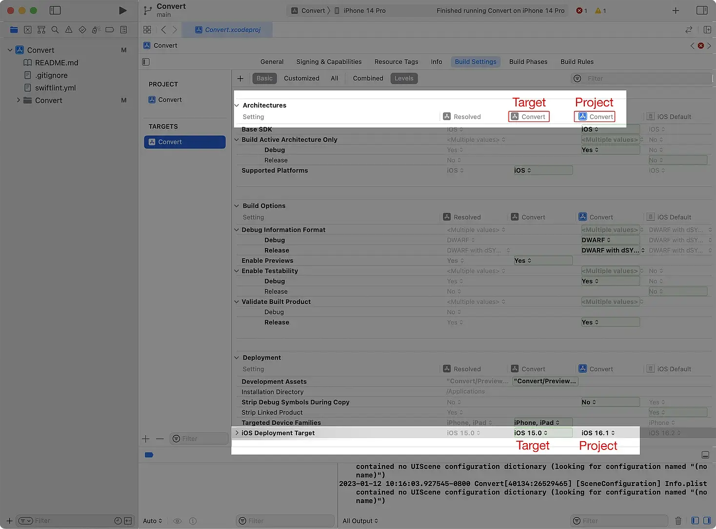 Screenshot of Xcode's project settings showing both the target and project iOS Deployment Targets.