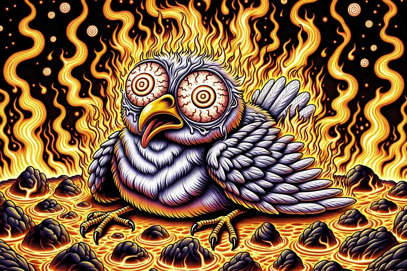 A bird who is tripping balls in a fiery hellscape.