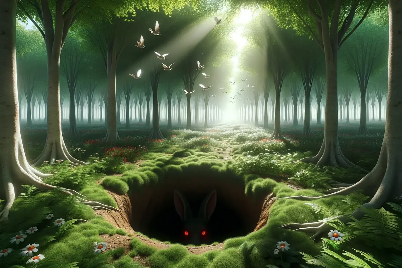 A creepy rabbit in its hole surrounded by a forrest with sunlight peeking through.