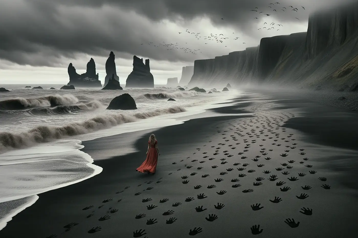 A blonde-haired woman walking across a gray beach. Inspired by the video game Death Stranding.