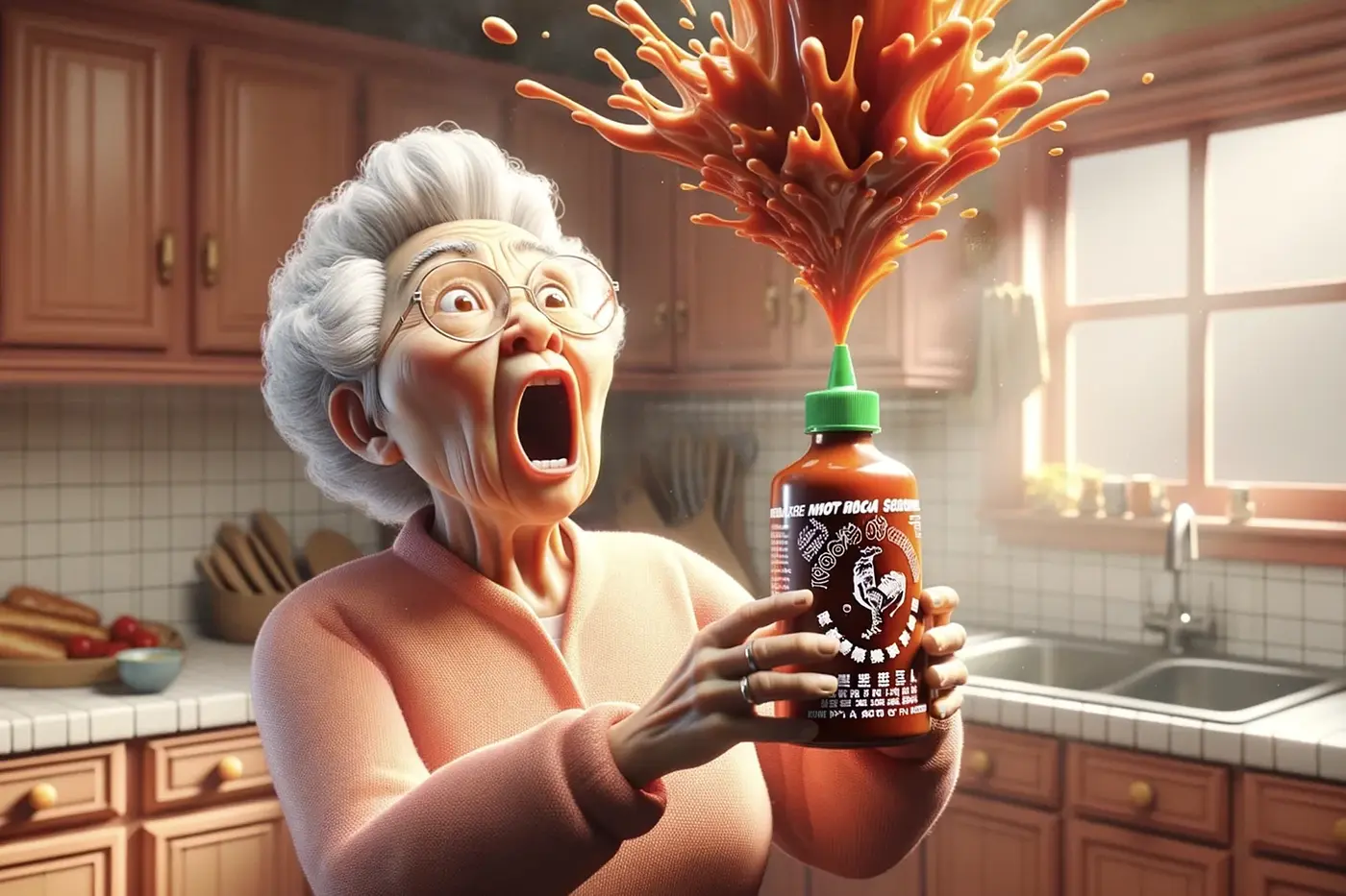 An old lady who is shocked at seeing her Sriracha bottle explode!