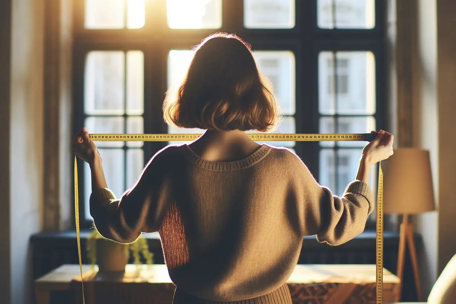A woman holding a measuring tape in front of a window.