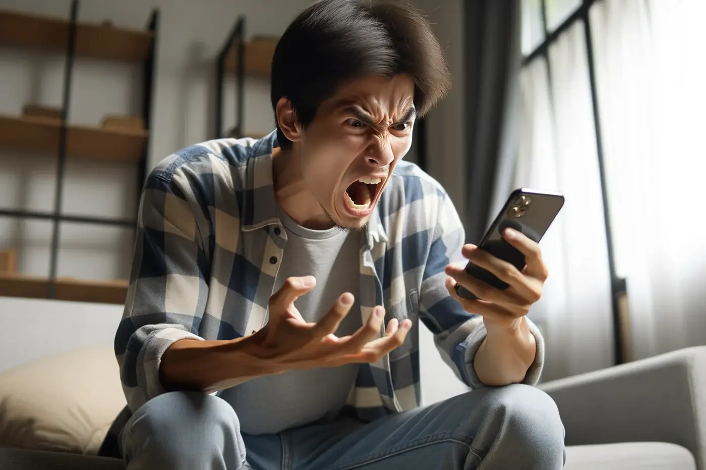 Photo of a distressed Asian man in a well-lit room, yelling at his iPhone which he holds firmly in his hand.