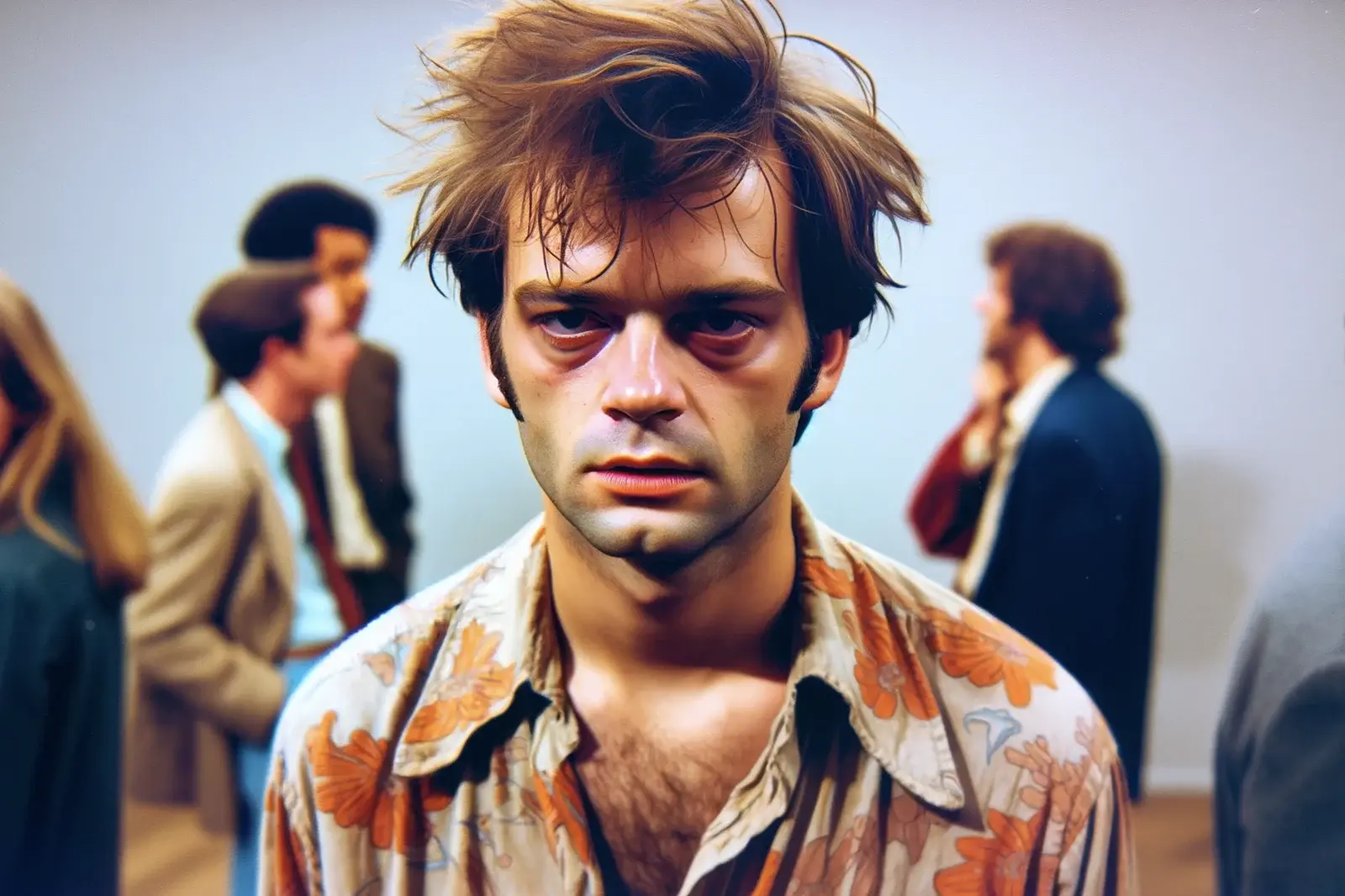 A disheveled man with an open and flat collar.