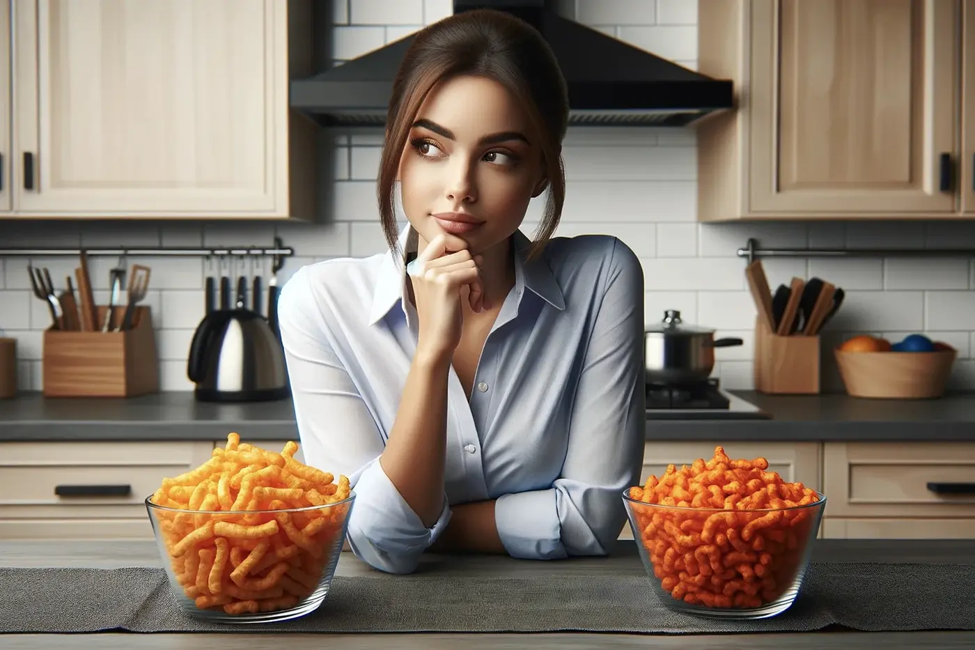 A woman contemplating which bowl of Cheetos to start eating.