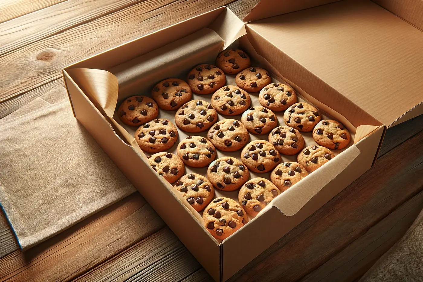Chocolate chip cookies in a brown cardboard box.