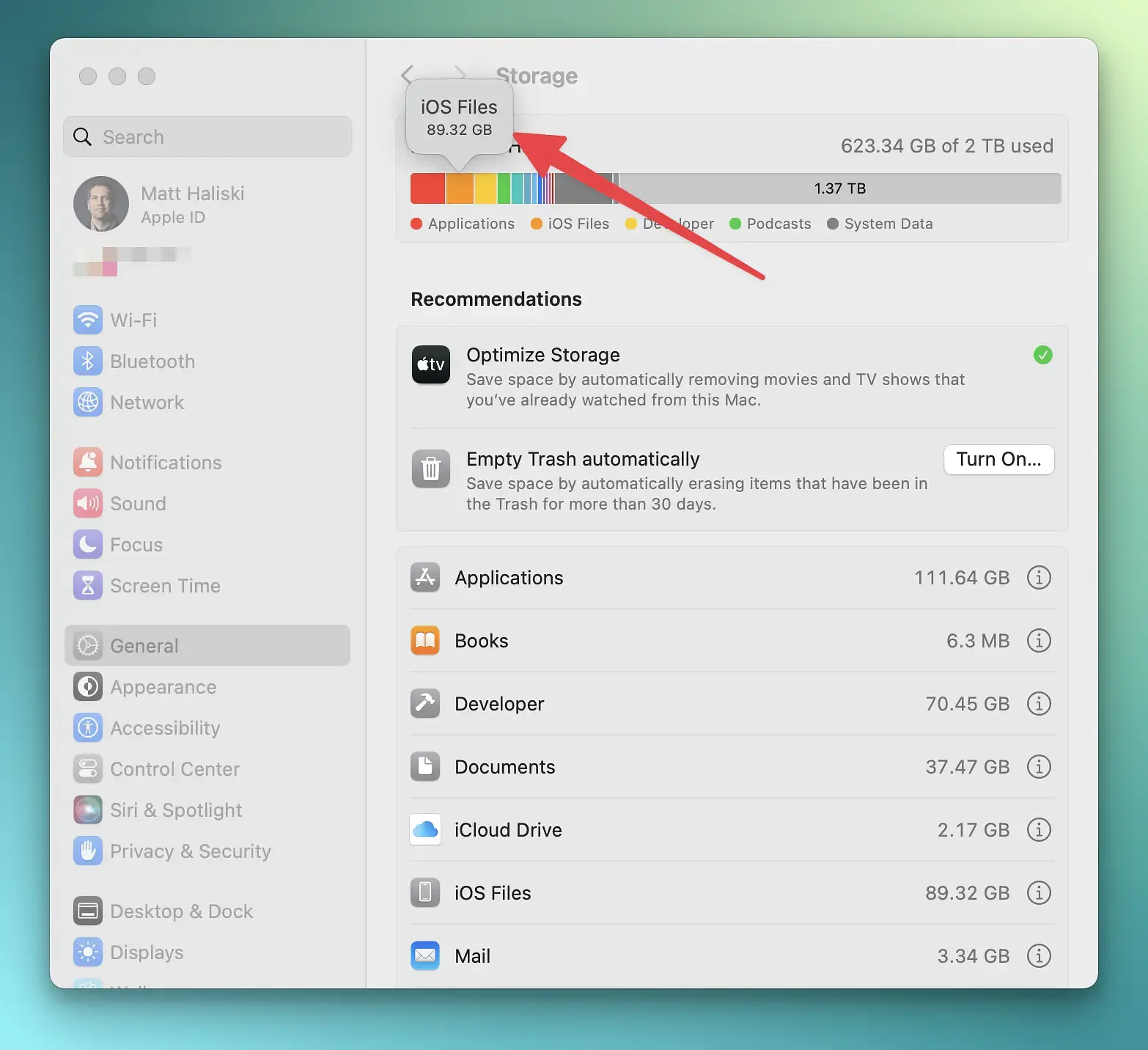 Screenshot of MacOS system settings. It shows a large amount of storage space being used by iOS development.