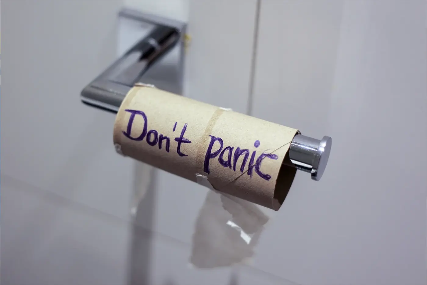 A photo of an empty toilet paper roll with the words "Don't panic" written on it.