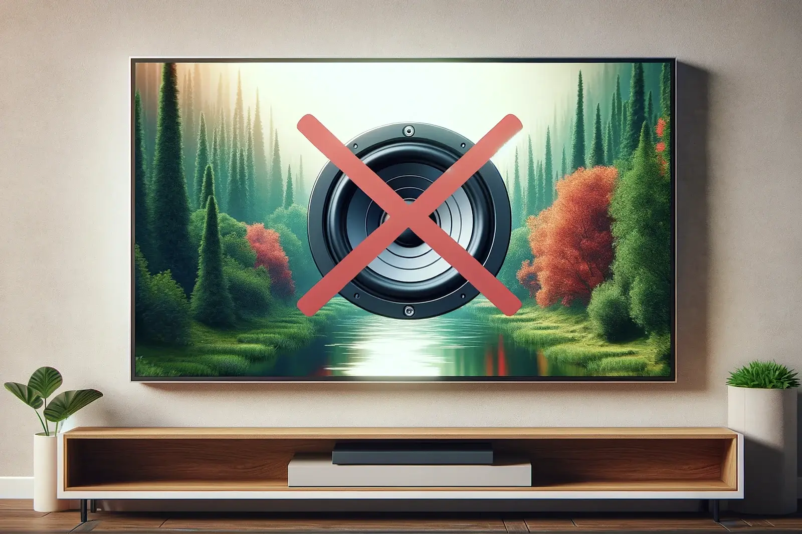 A TV mounted on a wall with a speaker icon being crossed out.