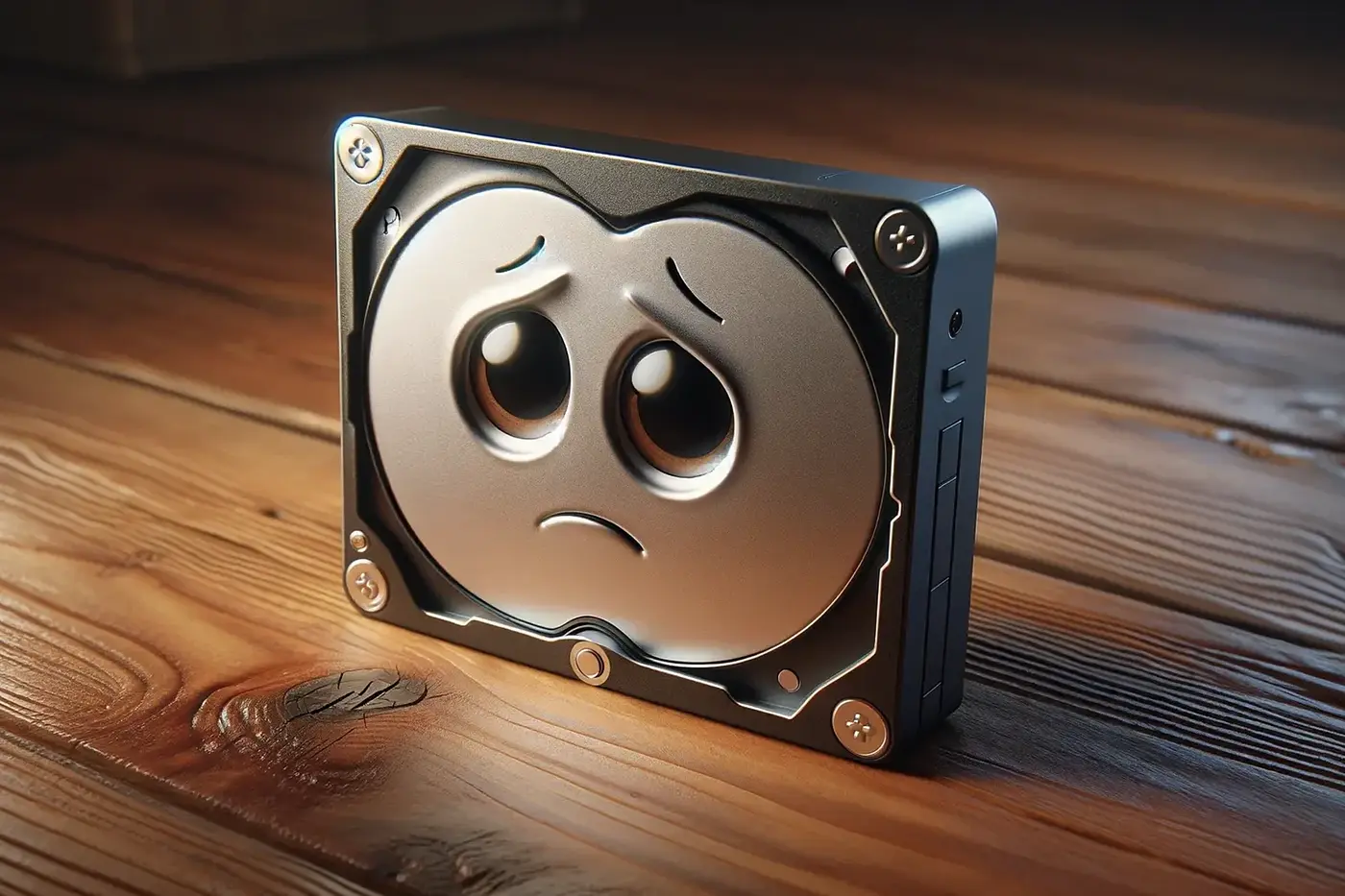 A sad little HDD sitting on a wood desk.