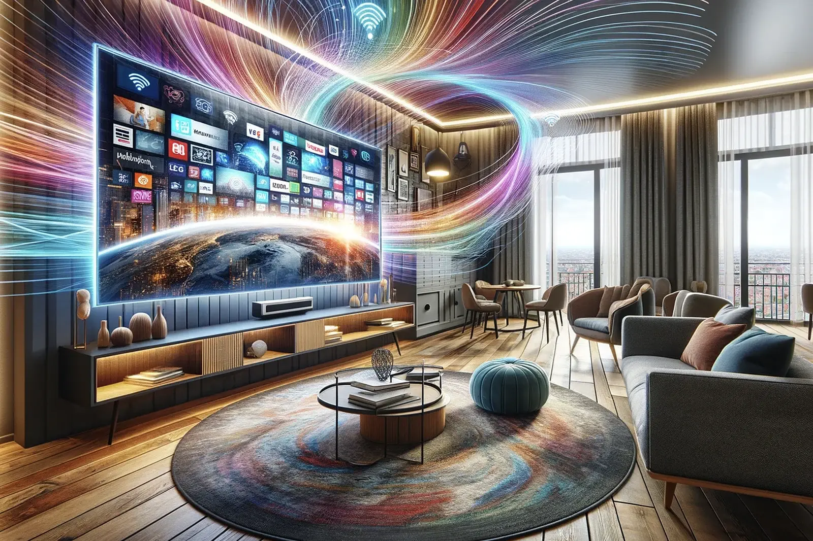 A nice apartment with a TV on the wall that appears to be connected to the internet and has a hundred ads on the screen as a result.