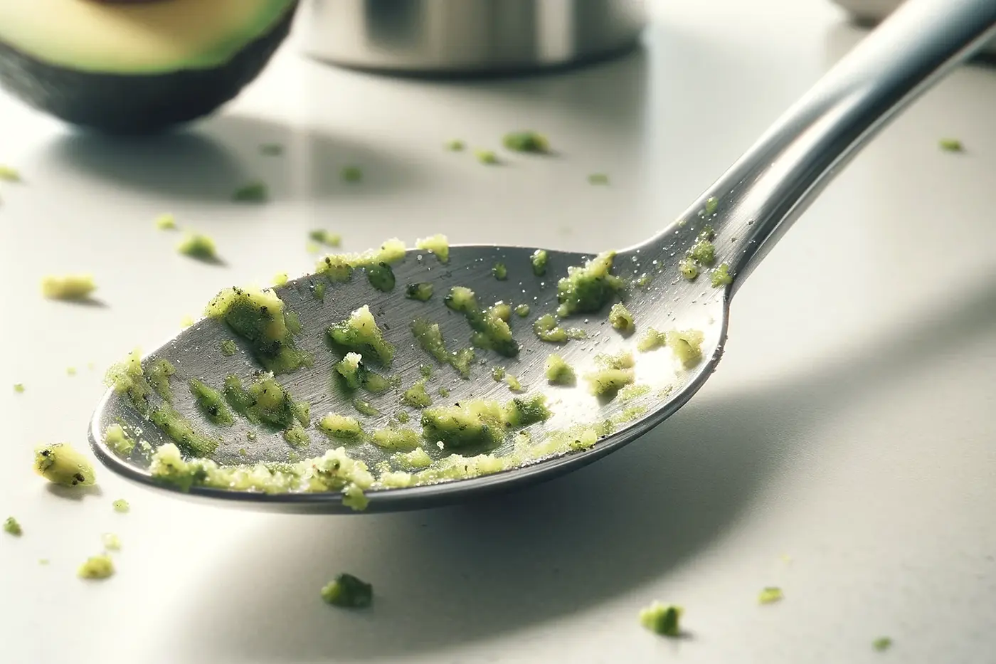Image of a stainless steel spoon on a white countertop, with tiny, dried crusty bits of green avocado flesh adhering to its surface, illustrating the challenge of cleaning avocado remnants after a dishwasher cycle.