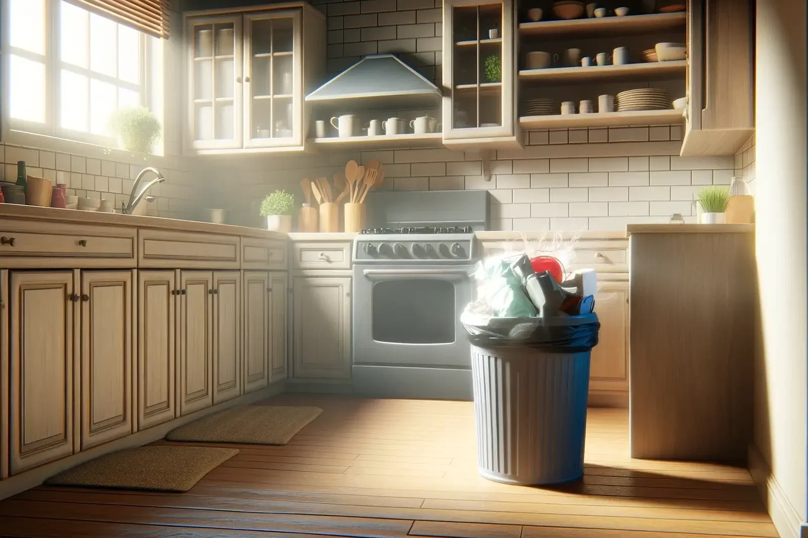 A photograph of a tidy kitchen with a garbage can overflowing with garbage bin that seems to be emitting a nasty smell.