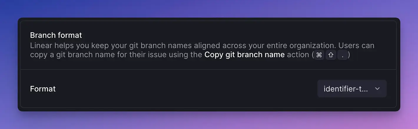 A settings window in Linear that allows the user to choose what branch format they want to use.