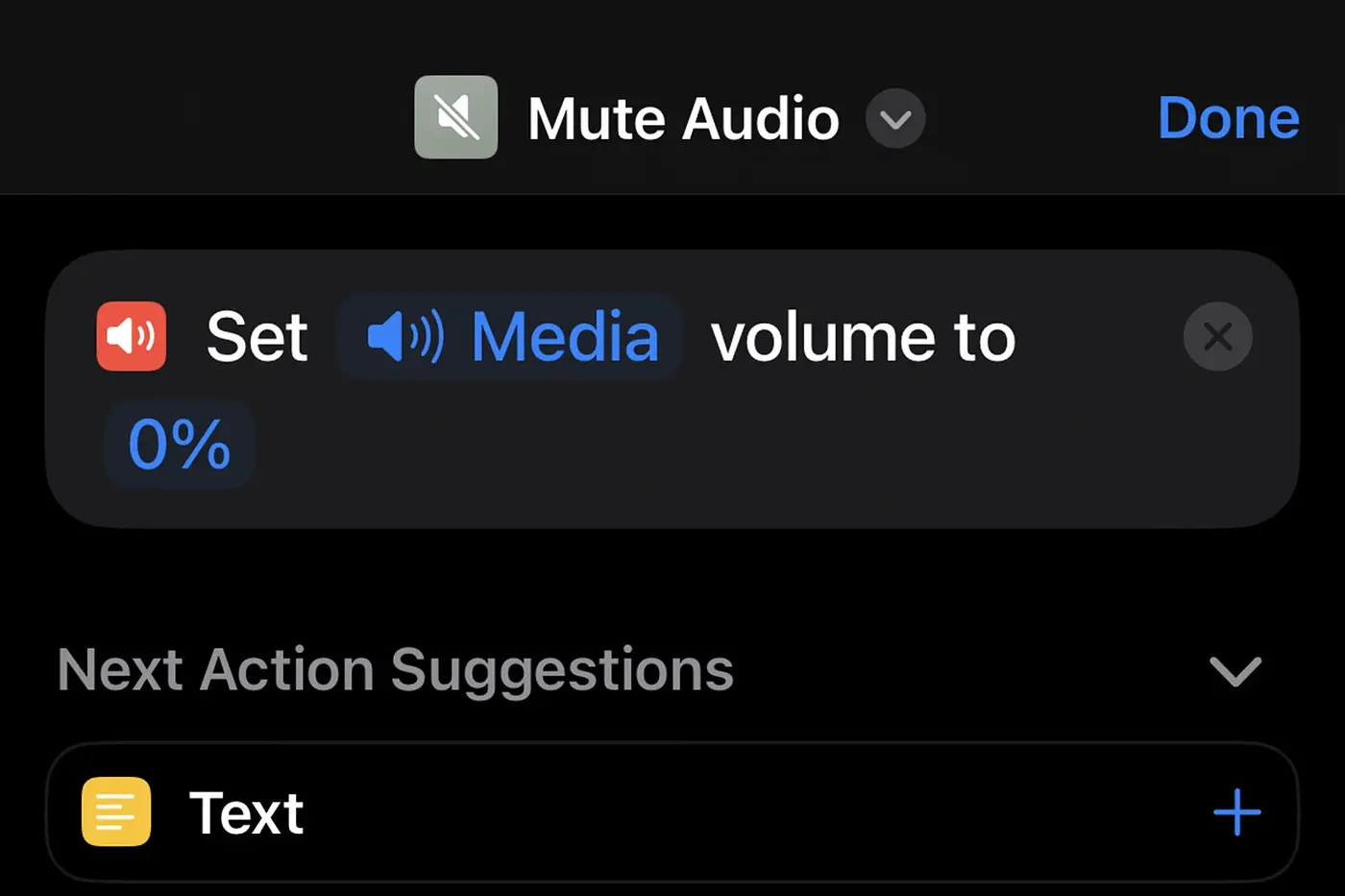 A screenshot of an Apple Shortcut showing the media volume being set to 0%.