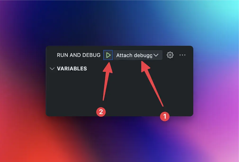 A screenshot graphic showing how to initiate a debugging session in VS Code.