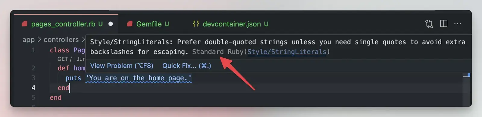 A screenshot comfirming that Standard Ruby is working inside VS Code.