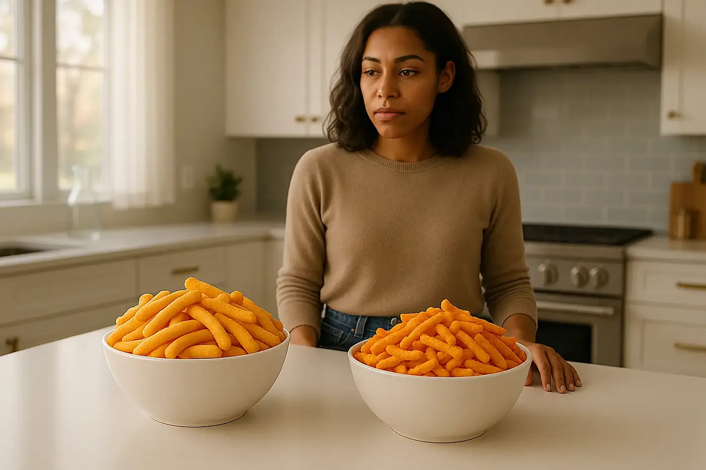 A woman contemplating which bowl of Cheetos to start eating.