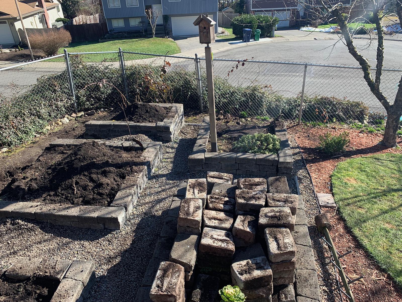 Starting point of the project. Concrete raised beds ready to be broken down.