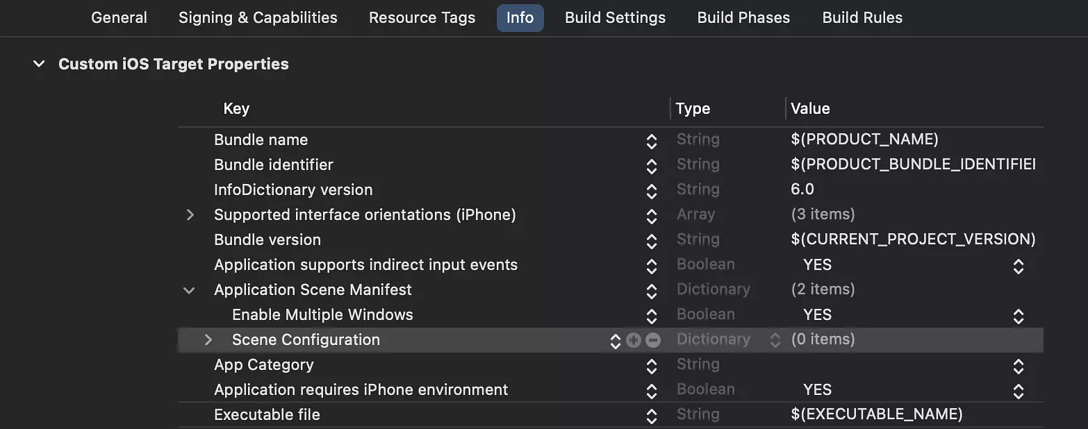Info settings in Xcode showing Custom iOS Target Properties